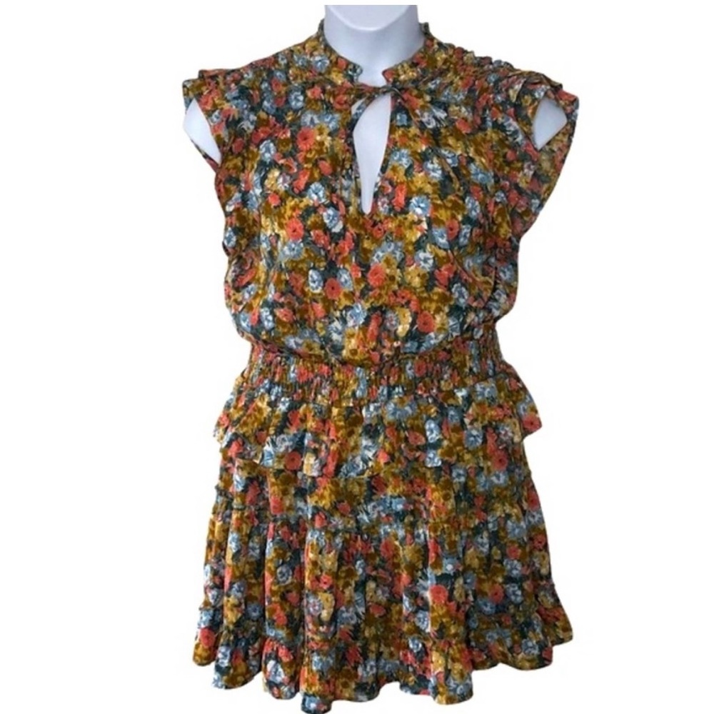 Anthropologie Entro Boho Floral Print Tiered Mini Dress size Large